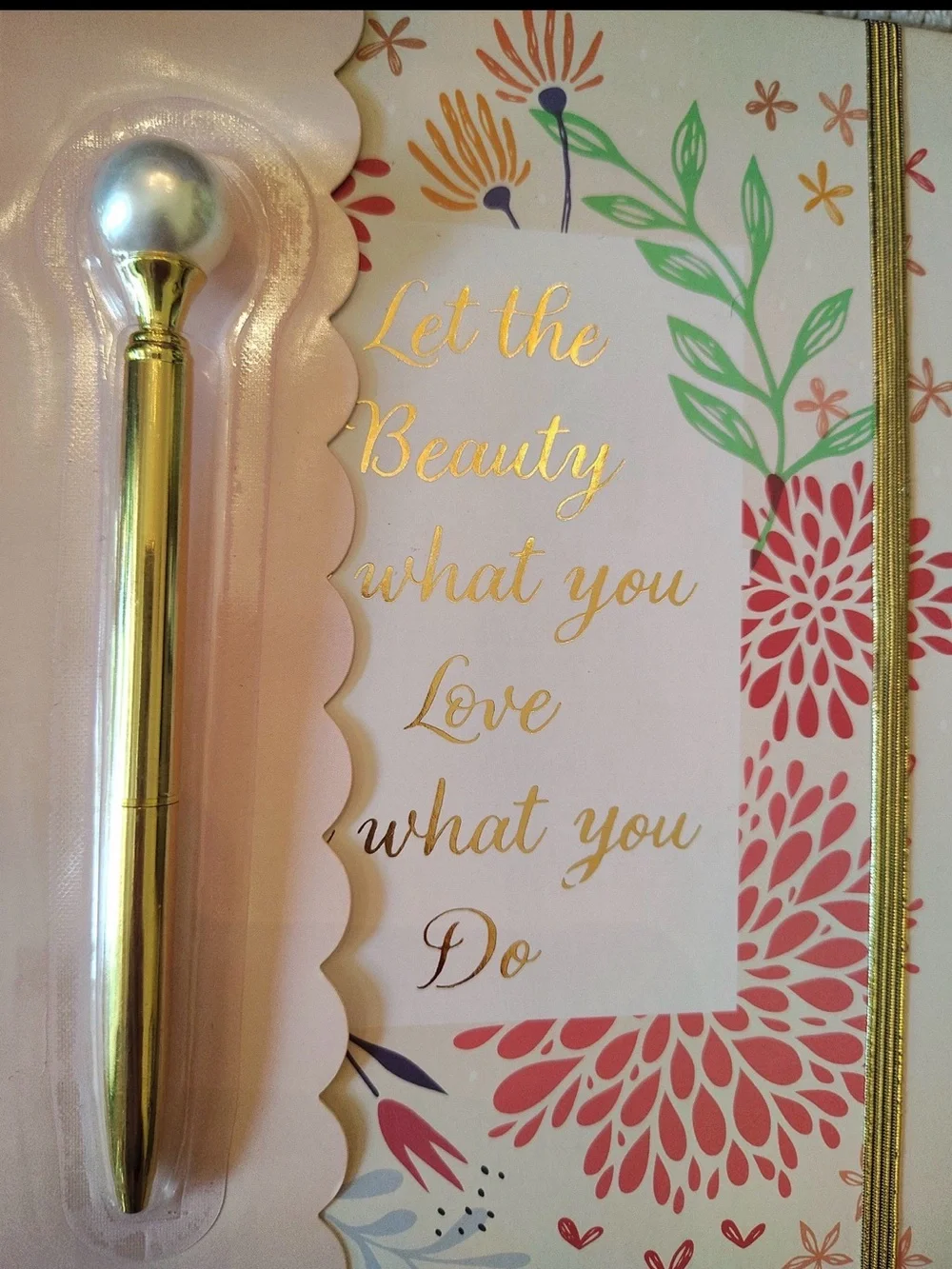 Gold Pearl Top Ballpoint Pen & Floral Pink Notebook journal